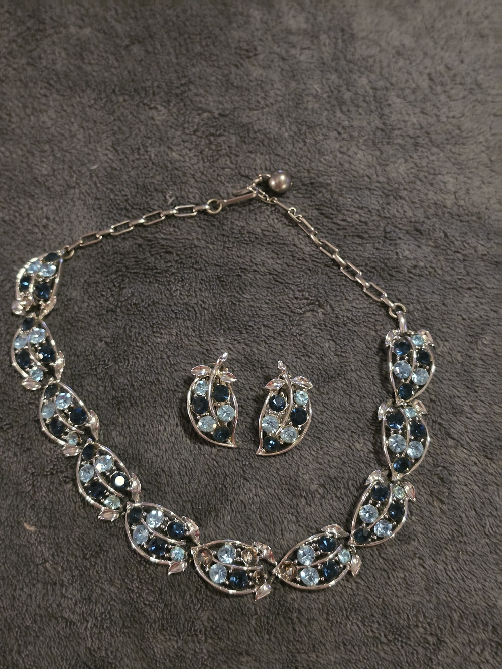 Silver-Tone Blue Crystal Leaf Necklace with Matching Earrings